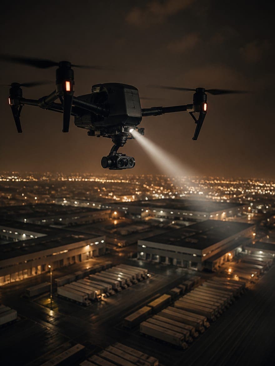 Dron de vigilancia sobrevolando un parque logístico de noche