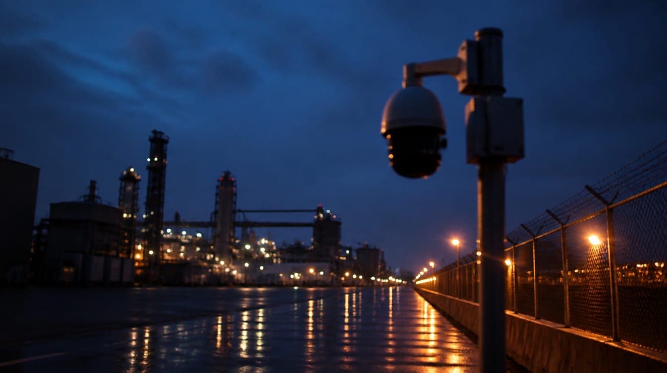 Perímetro industrial iluminado con cámara de vigilancia en primer plano