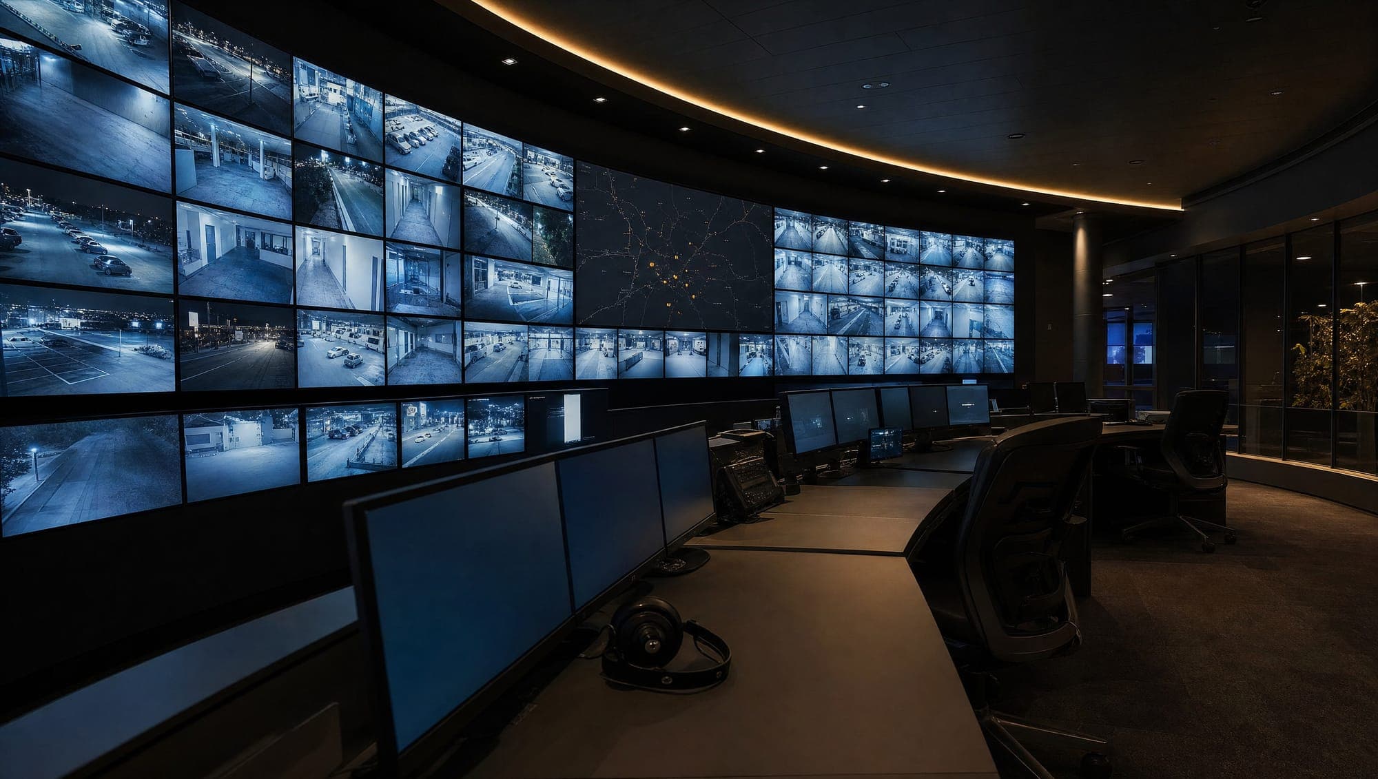 Sala de monitoreo con videowall de cámaras de vigilancia